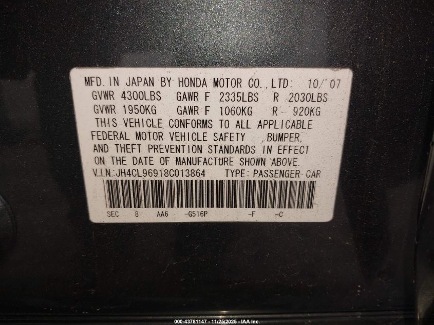 2008 Acura Tsx VIN: JH4CL96918C013864 Lot: 43781147