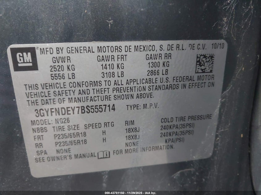 2011 Cadillac Srx Luxury Collection VIN: 3GYFNDEY7BS555714 Lot: 43781150