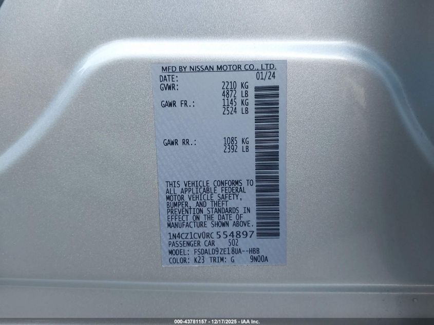 2024 Nissan Leaf Sv Plus VIN: 1N4CZ1CV0RC554897 Lot: 43781157