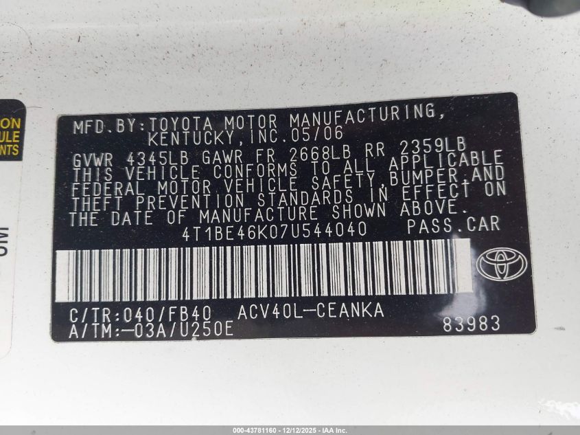 2007 Toyota Camry Le VIN: 4T1BE46K07U544040 Lot: 43781160