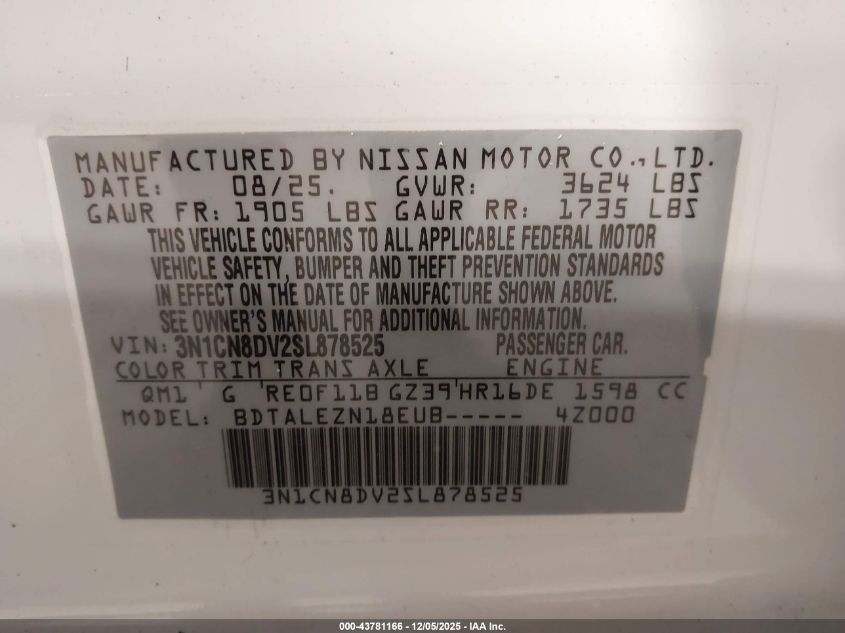 2025 Nissan Versa 1.6 S VIN: 3N1CN8DV2SL878525 Lot: 43781166