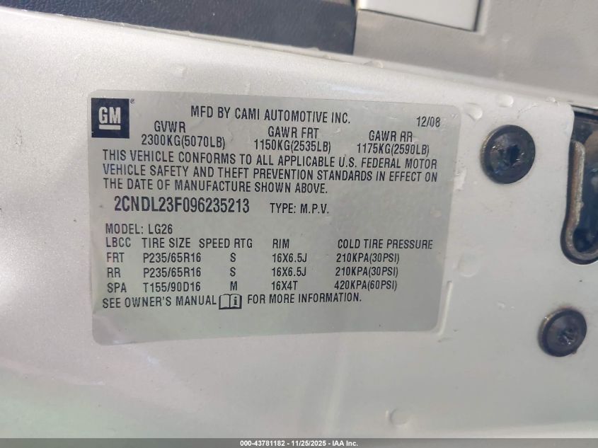 2009 Chevrolet Equinox Ls VIN: 2CNDL23F096235213 Lot: 43781182