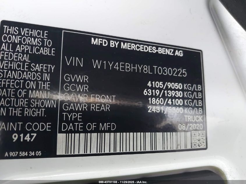 2020 Mercedes-Benz Sprinter 2500 Standard Roof V6 VIN: W1Y4EBHY8LT030225 Lot: 43781188