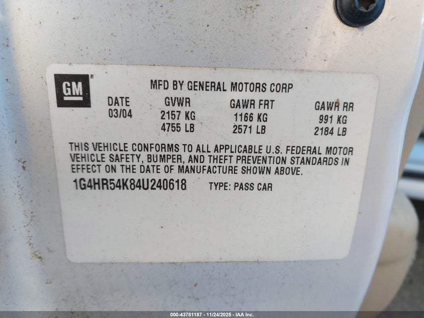 2004 Buick Lesabre Limited VIN: 1G4HR54K84U240618 Lot: 43781187