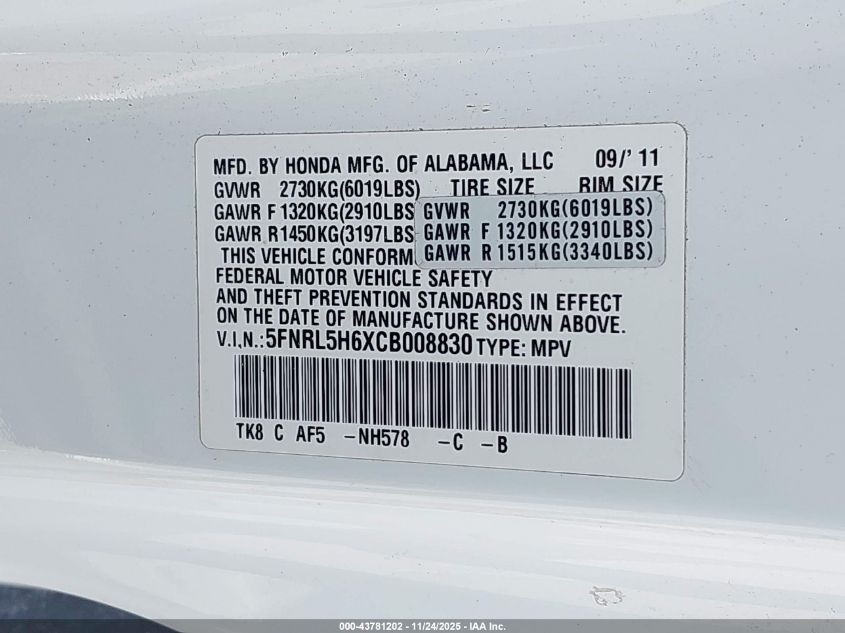 2012 Honda Odyssey Ex-L VIN: 5FNRL5H6XCB008830 Lot: 43781202