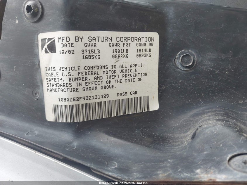 2003 Saturn Ion 2 VIN: 1G8AZ52F93Z131429 Lot: 43781208