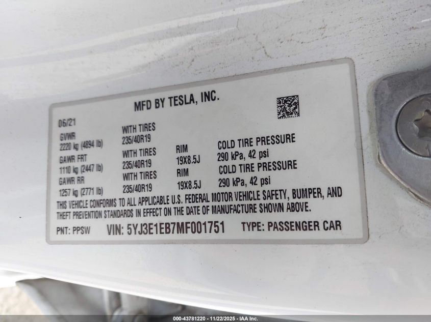 2021 Tesla Model 3 Long Range Dual Motor All-Wheel Drive VIN: 5YJ3E1EB7MF001751 Lot: 43781220