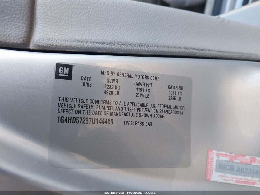 2007 Buick Lucerne Cxl VIN: 1G4HD57237U144460 Lot: 43781223