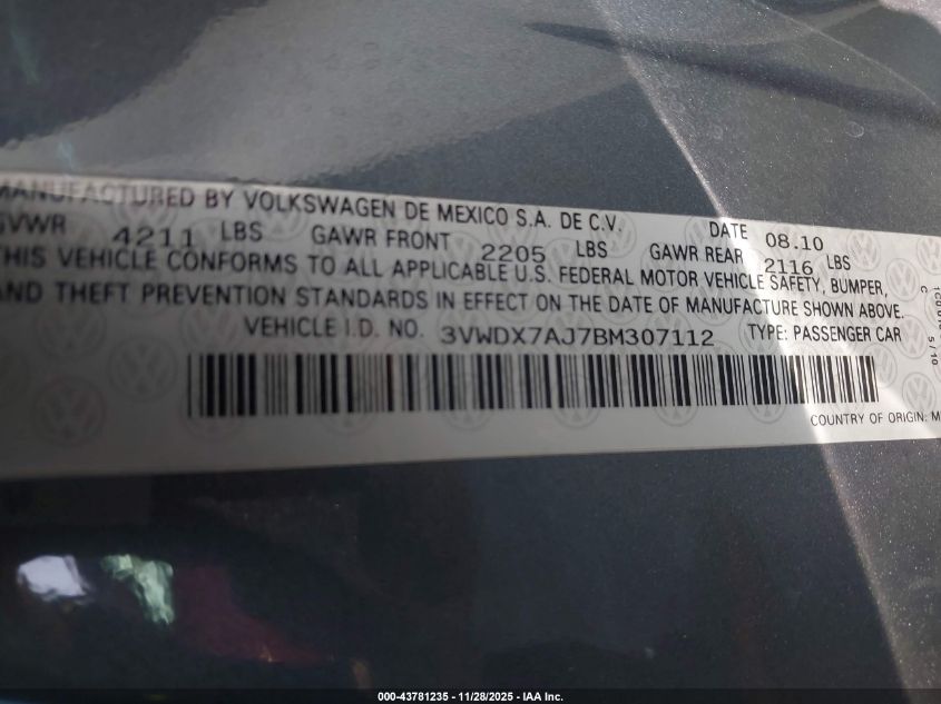 2011 Volkswagen Jetta 2.5L Se VIN: 3VWDX7AJ7BM307112 Lot: 43781235