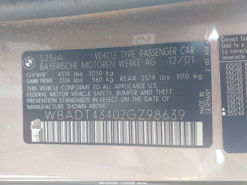 2002 BMW 525Ia VIN: WBADT43402GZ98639 Lot: 43781236