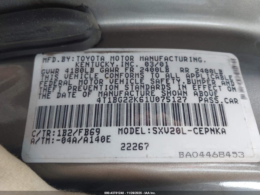 4T1BG22K61U075127 2001 TOYOTA CAMRY photo no. 9