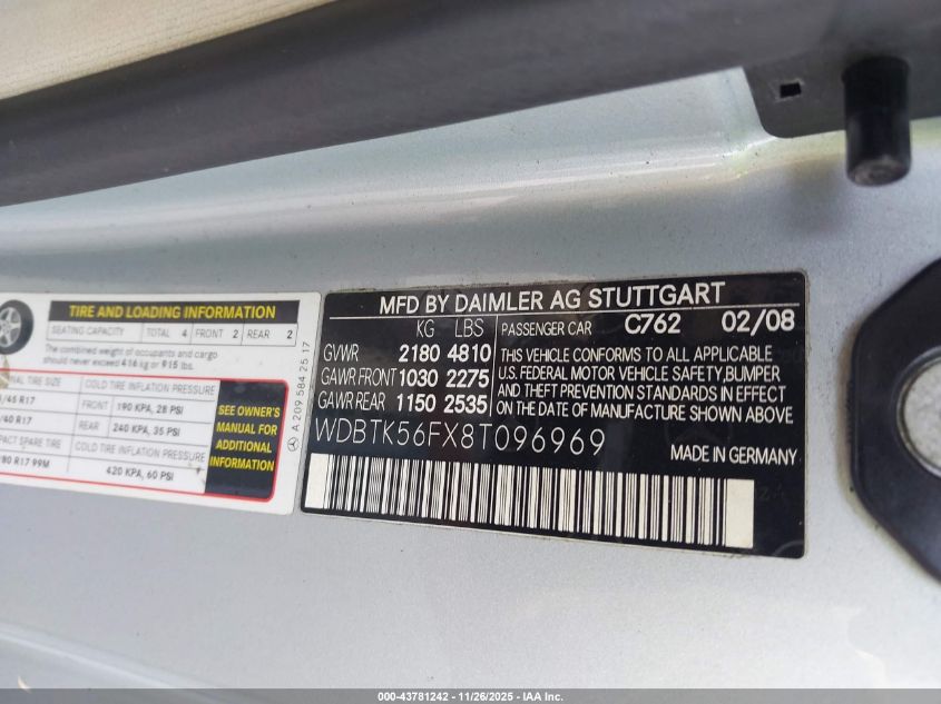 2008 Mercedes-Benz Clk 350 VIN: WDBTK56FX8T096969 Lot: 43781242