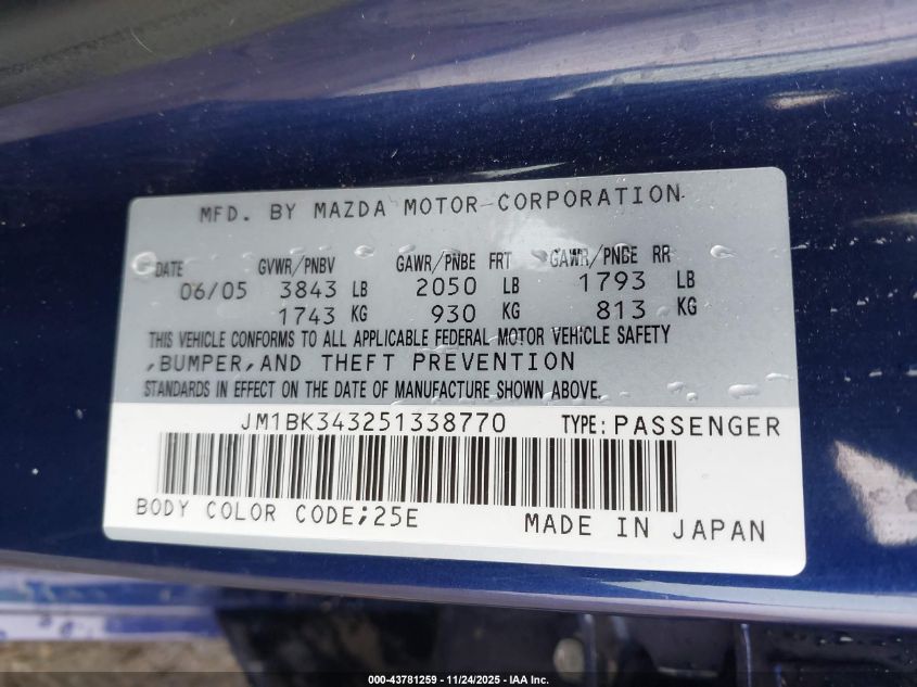 2005 Mazda Mazda3 S VIN: JM1BK343251338770 Lot: 43781259