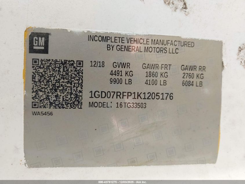 2019 GMC Savana Cutaway Work Van VIN: 1GD07RFP1K1205176 Lot: 43781275