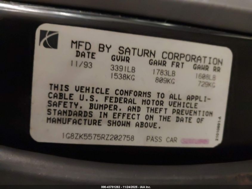 1994 Saturn Sl2 VIN: 1G8ZK5575RZ202758 Lot: 43781282