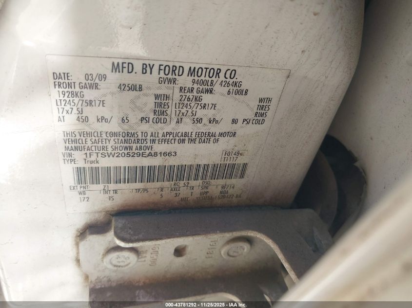 2009 Ford F-250 King Ranch/Lariat/Xl/Xlt VIN: 1FTSW20529EA81663 Lot: 43781292