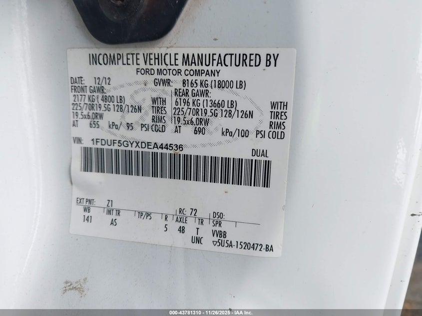 2013 Ford F-550 Chassis Xl VIN: 1FDUF5GYXDEA44536 Lot: 43781310