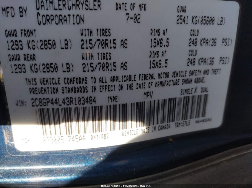 2003 Chrysler Town & Country Lx VIN: 2C8GP44L43R103484 Lot: 43781318
