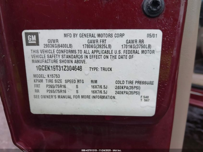2001 Chevrolet Silverado 1500 Ls VIN: 1GCEK19T31Z304648 Lot: 43781319