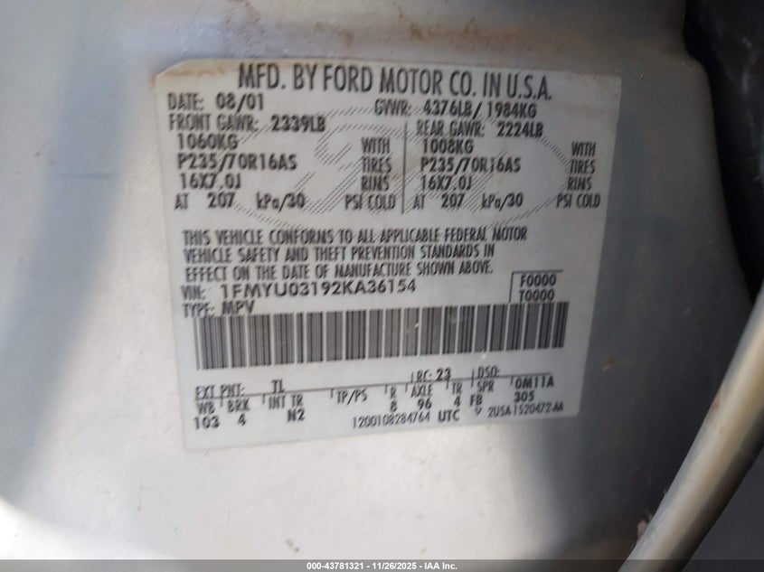 2002 Ford Escape Xlt VIN: 1FMYU03192KA36154 Lot: 43781321