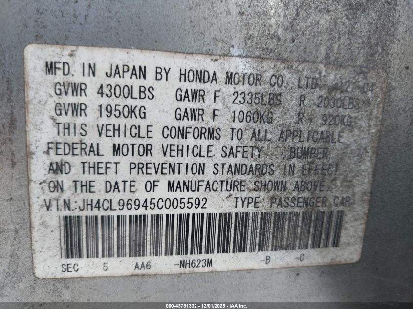 2005 Acura Tsx VIN: JH4CL96945C005592 Lot: 43781332