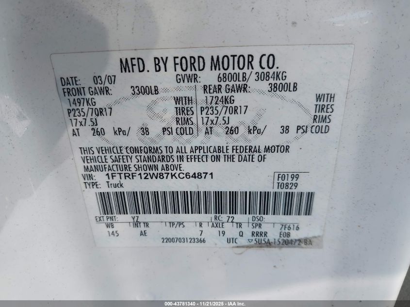 2007 Ford F-150 Stx/Xl/Xlt VIN: 1FTRF12W87KC64871 Lot: 43781340
