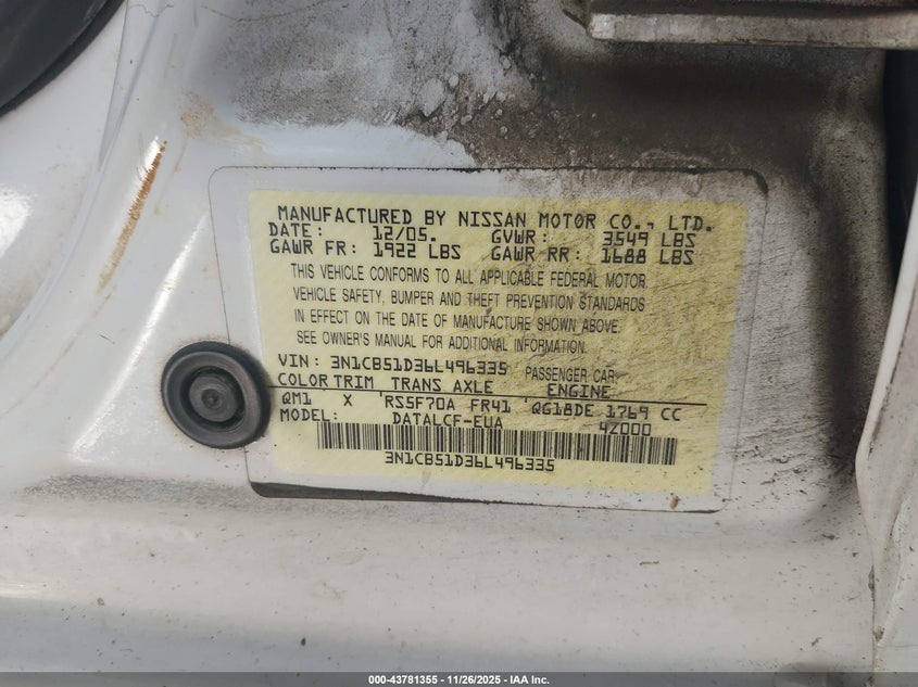 2006 Nissan Sentra 1.8 VIN: 3N1CB51D36L496335 Lot: 43781355