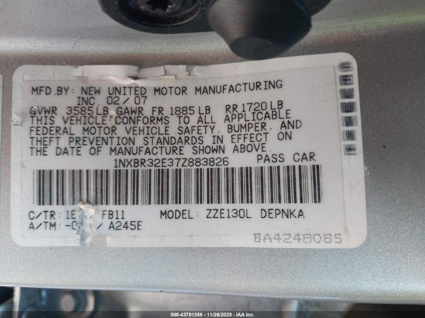 2007 Toyota Corolla Le VIN: 1NXBR32E37Z883826 Lot: 43781356