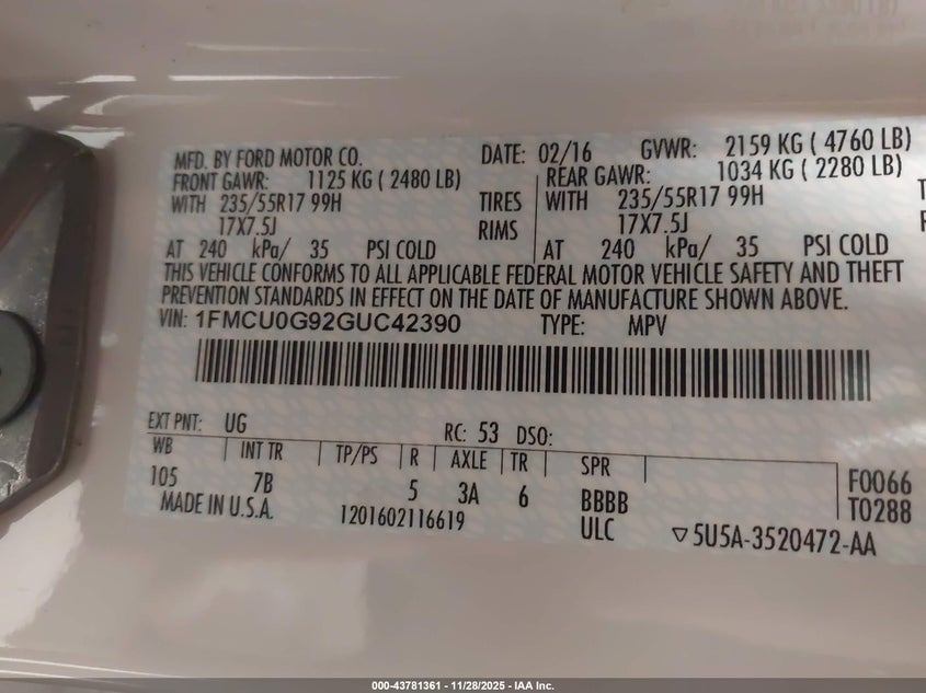 2016 Ford Escape Se VIN: 1FMCU0G92GUC42390 Lot: 43781361