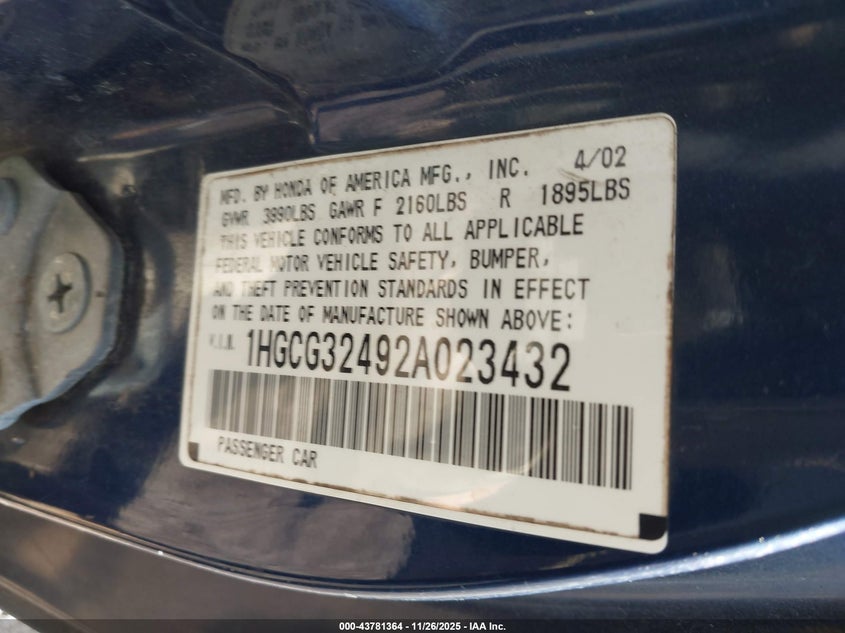 2002 Honda Accord 2.3 Lx VIN: 1HGCG32492A023432 Lot: 43781364