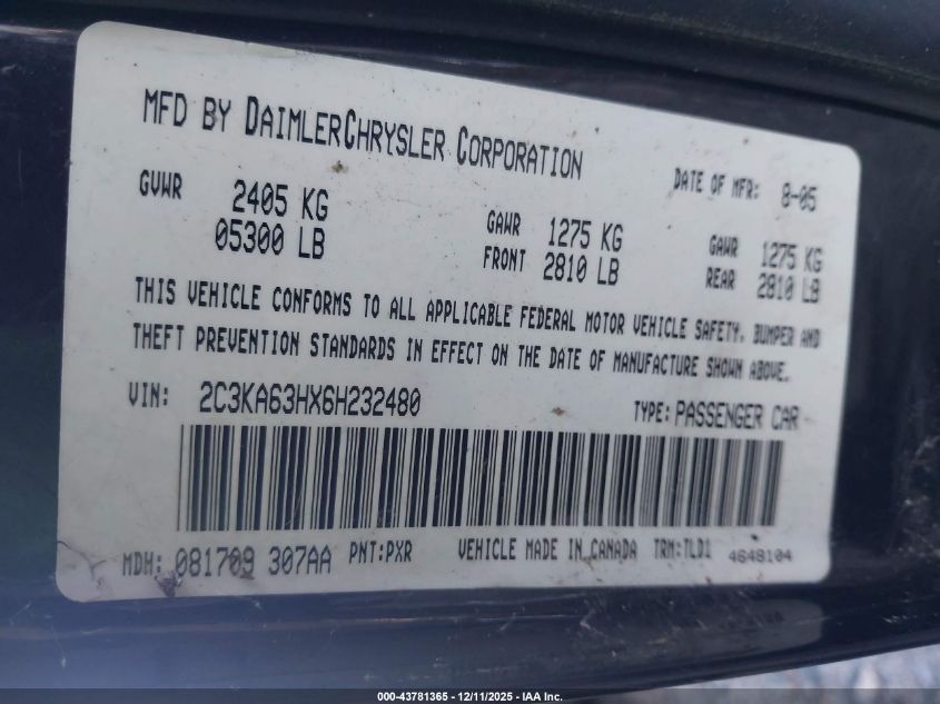 2006 Chrysler 300C VIN: 2C3KA63HX6H232480 Lot: 43781365