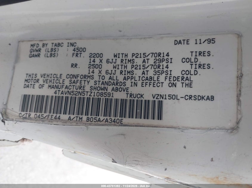 1996 Toyota Tacoma Xtracab VIN: 4TAVN52N5TZ108591 Lot: 43781392