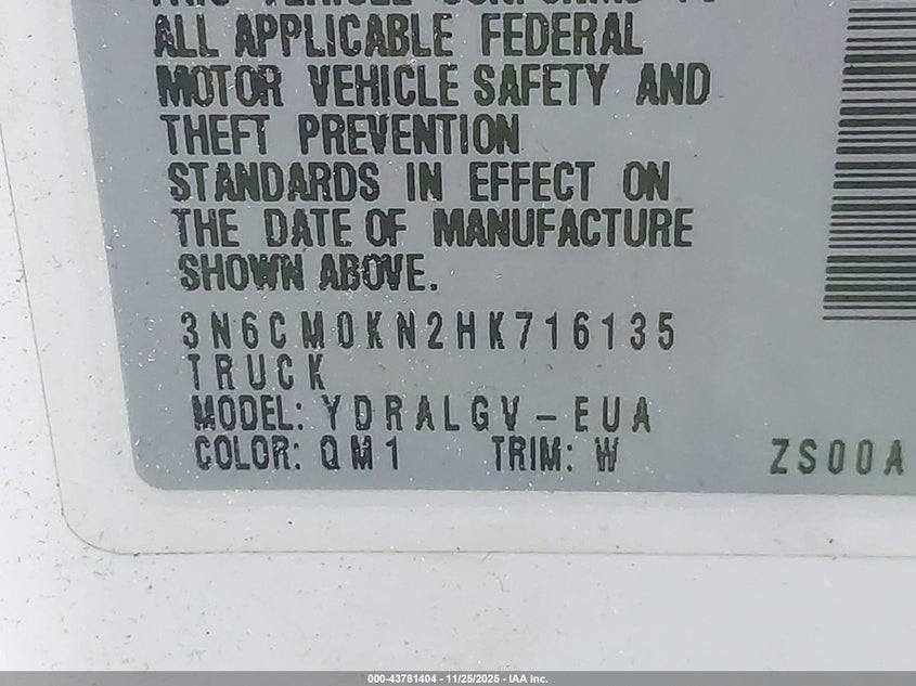 2017 Nissan Nv200 Sv VIN: 3N6CM0KN2HK716135 Lot: 43781404