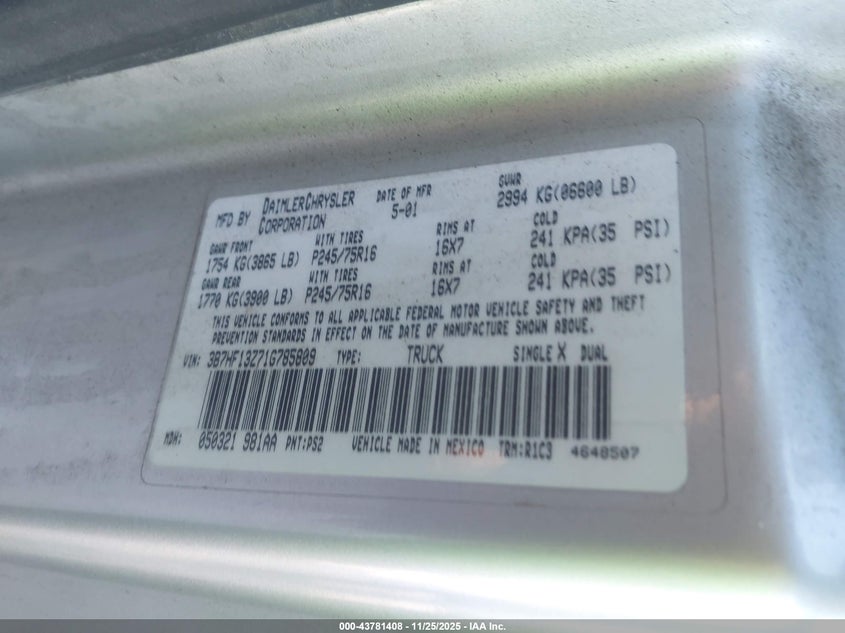 2001 Dodge Ram 1500 St VIN: 3B7HF13Z71G785809 Lot: 43781408