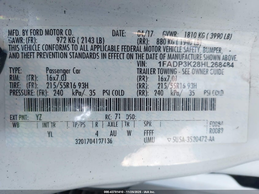 2017 Ford Focus Se VIN: 1FADP3K28HL268484 Lot: 43781410