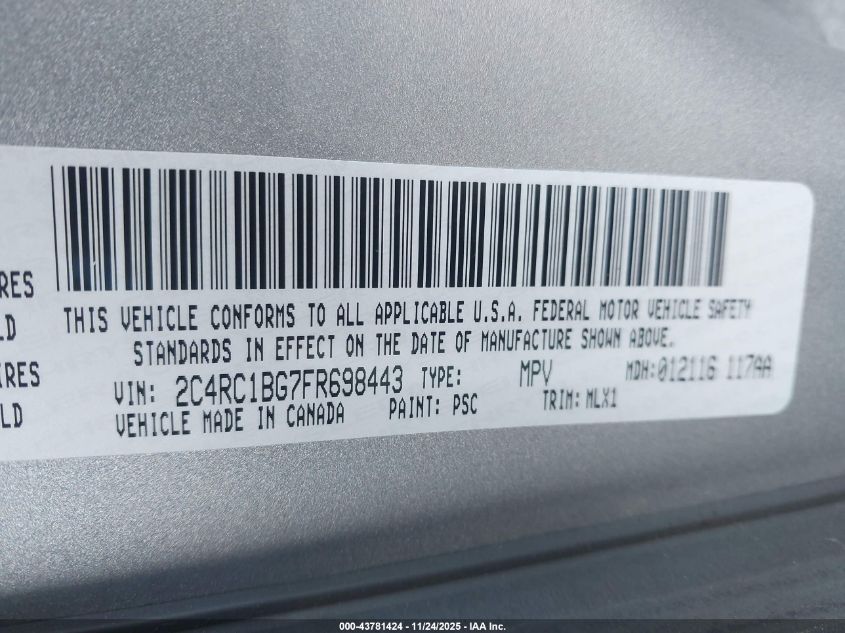 2015 Chrysler Town & Country Touring VIN: 2C4RC1BG7FR698443 Lot: 43781424