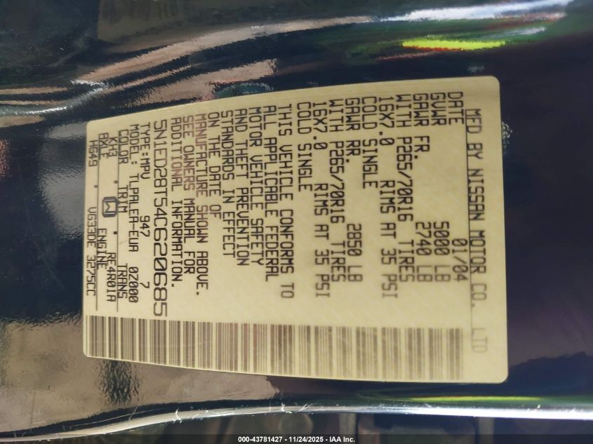 2004 Nissan Xterra Xe VIN: 5N1ED28T54C620685 Lot: 43781427