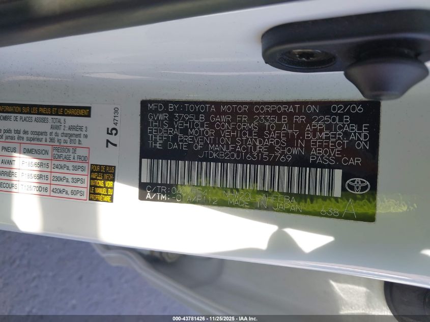 2006 Toyota Prius VIN: JTDKB20U163157769 Lot: 43781426