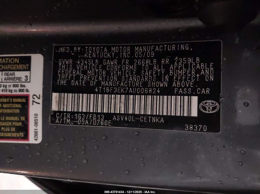 2010 Toyota Camry Le VIN: 4T1BF3EK7AU006824 Lot: 43781434