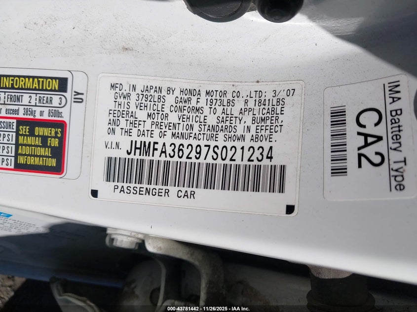 2007 Honda Civic Hybrid VIN: JHMFA36297S021234 Lot: 43781442