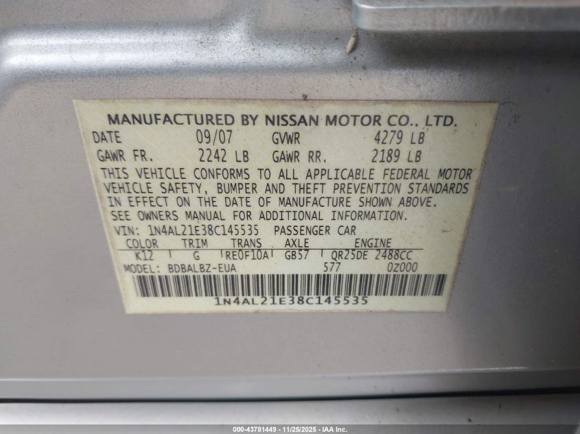 2008 Nissan Altima 2.5 S VIN: 1N4AL21E38C145535 Lot: 43781449
