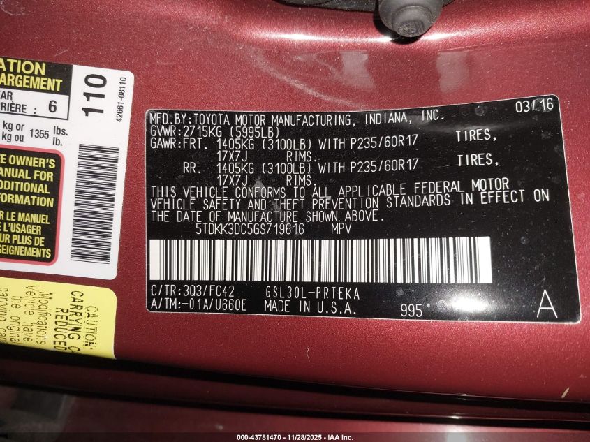 2016 Toyota Sienna Le 8 Passenger VIN: 5TDKK3DC5GS719616 Lot: 43781470