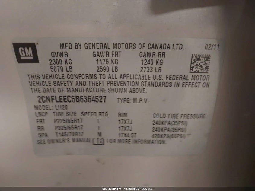 2011 Chevrolet Equinox 1Lt VIN: 2CNFLEEC6B6364527 Lot: 43781471