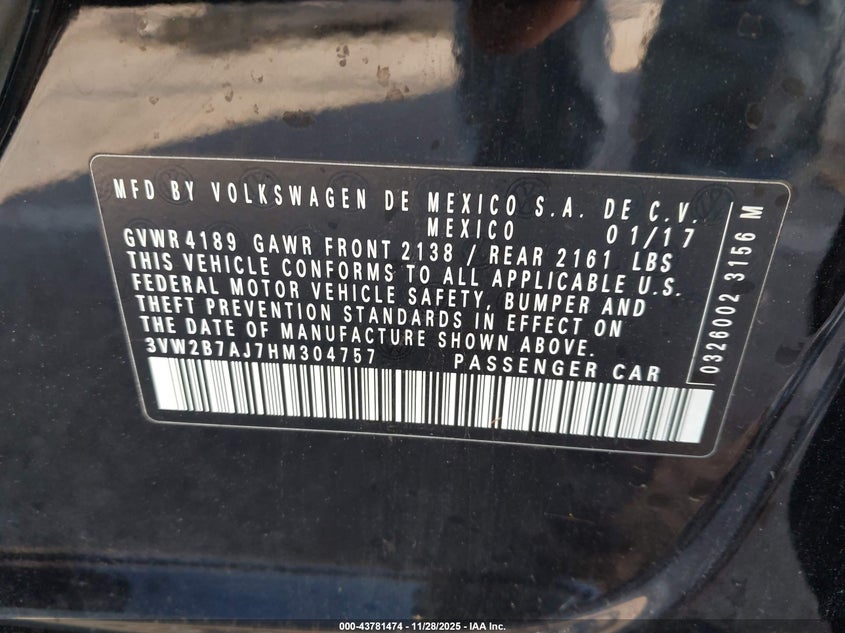 2017 Volkswagen Jetta 1.4T S VIN: 3VW2B7AJ7HM304757 Lot: 43781474