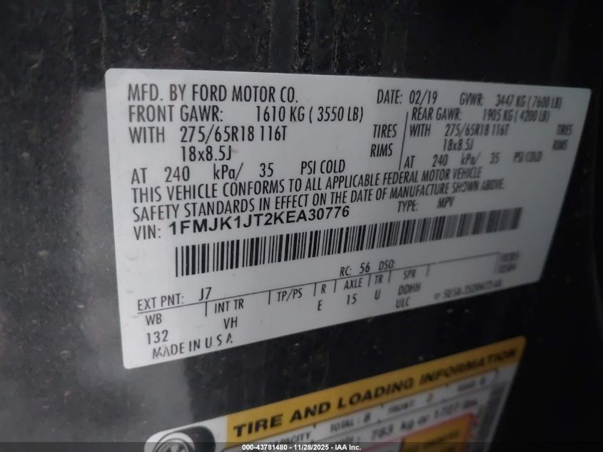 2019 Ford Expedition Max Xlt VIN: 1FMJK1JT2KEA30776 Lot: 43781480