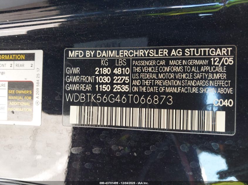 2006 Mercedes-Benz Clk 350 VIN: WDBTK56G46T066873 Lot: 43781499
