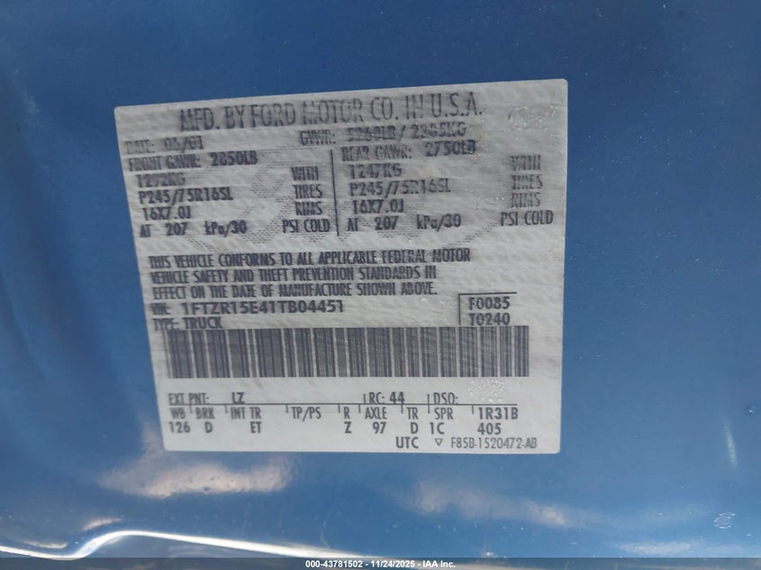 2001 Ford Ranger Edge/Xlt VIN: 1FTZR15E41TB04451 Lot: 43781502