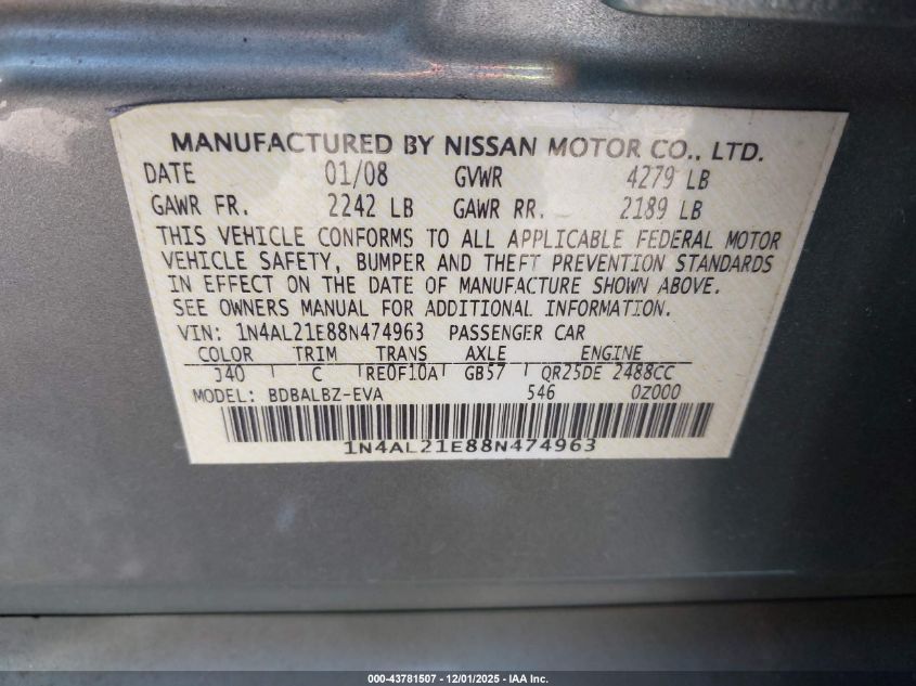 2008 Nissan Altima 2.5 S VIN: 1N4AL21E88N474963 Lot: 43781507