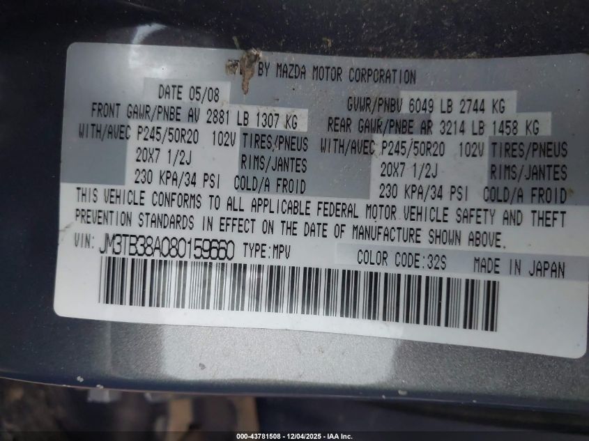 2008 Mazda Cx-9 Grand Touring VIN: JM3TB38A080159660 Lot: 43781508