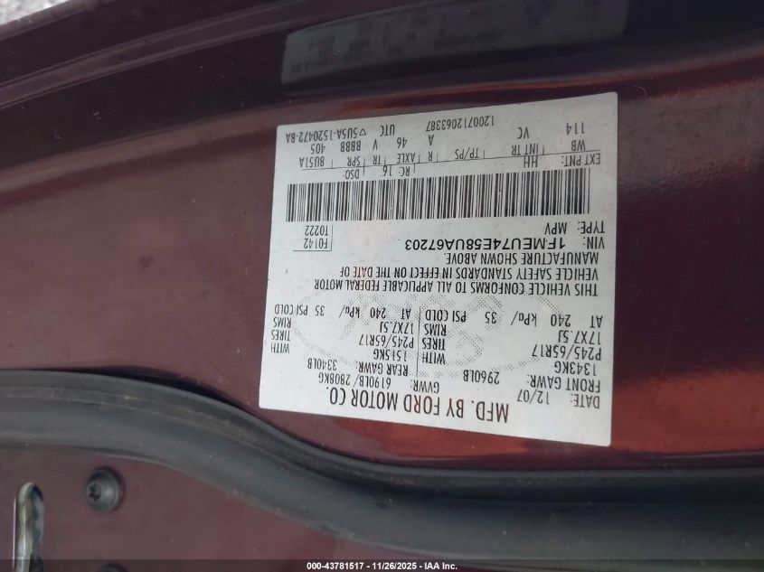 2008 Ford Explorer Eddie Bauer VIN: 1FMEU74E58UA67203 Lot: 43781517